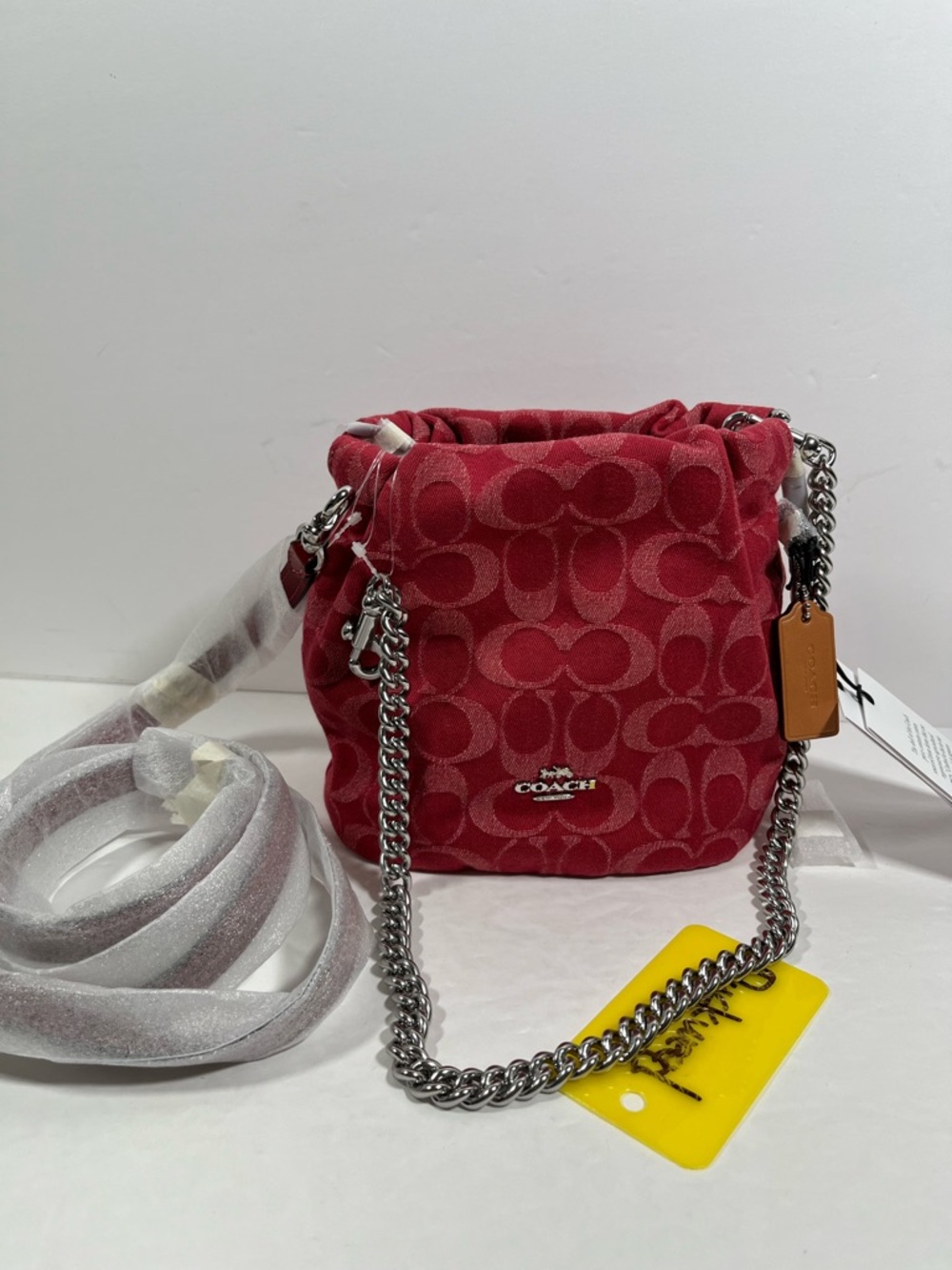 NWT Coach Faye Mini Drawstring Bag Signature Denim CCZ45 denim/Silver/True Red